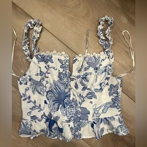 Urban outfitters, white and blue floral, lace trim, peplum bottom, brand new